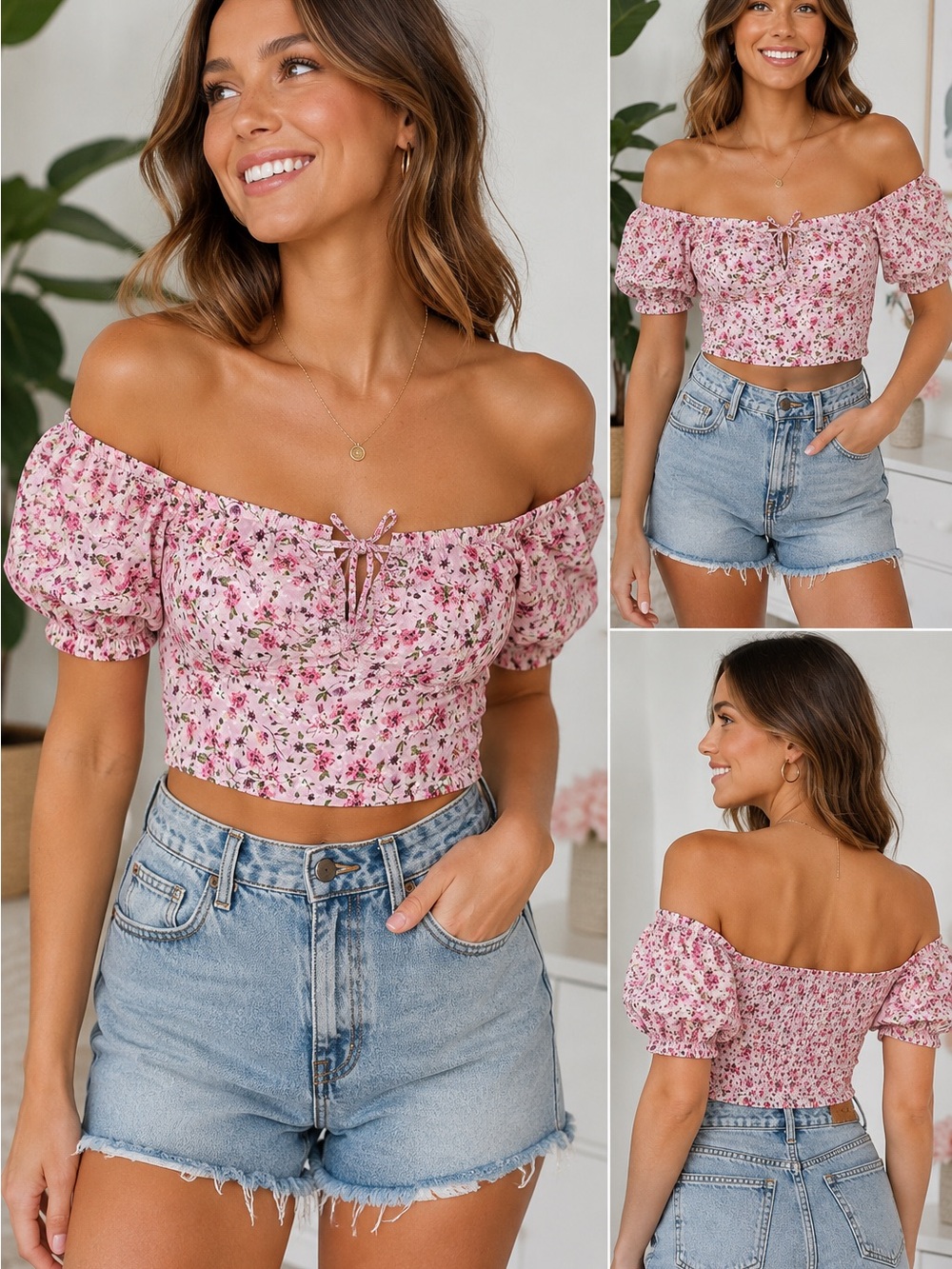 NWT Live To Be Spoiled Pink Floral Off Shoulder Crop Top Puff Sleeve L